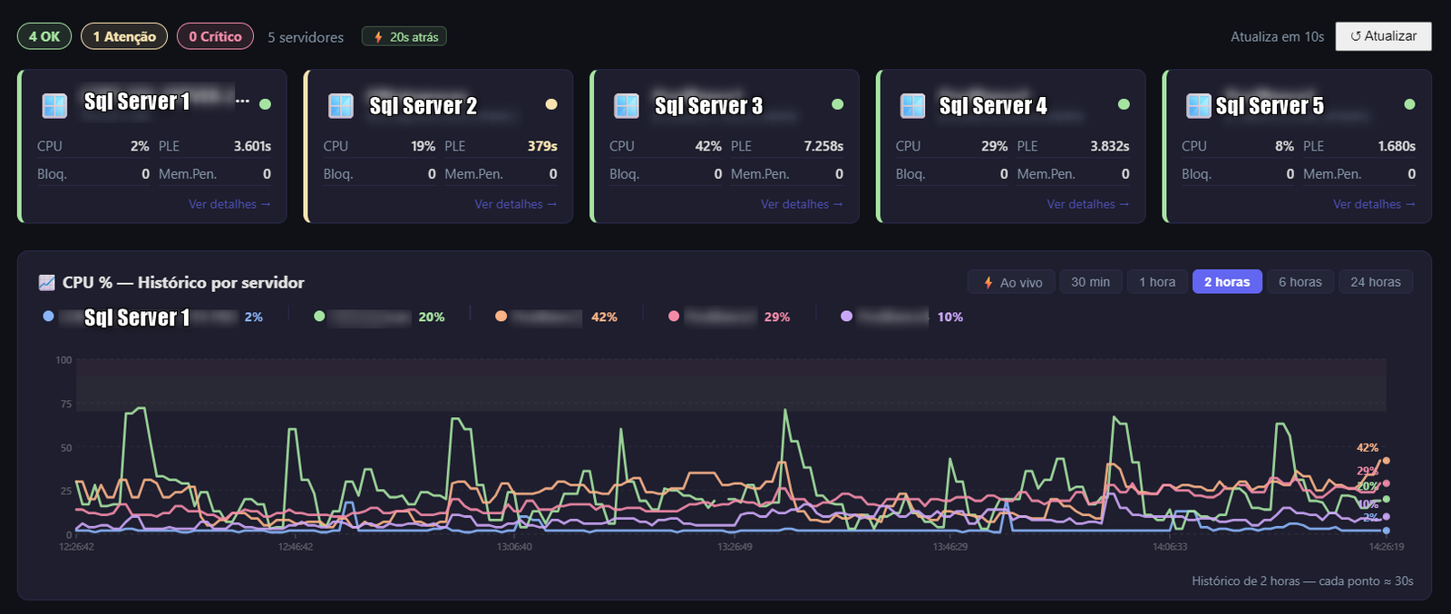 Fleet View mostrando painel multi-instância com CPU, PLE e bloqueios de 5 servidores em tempo real